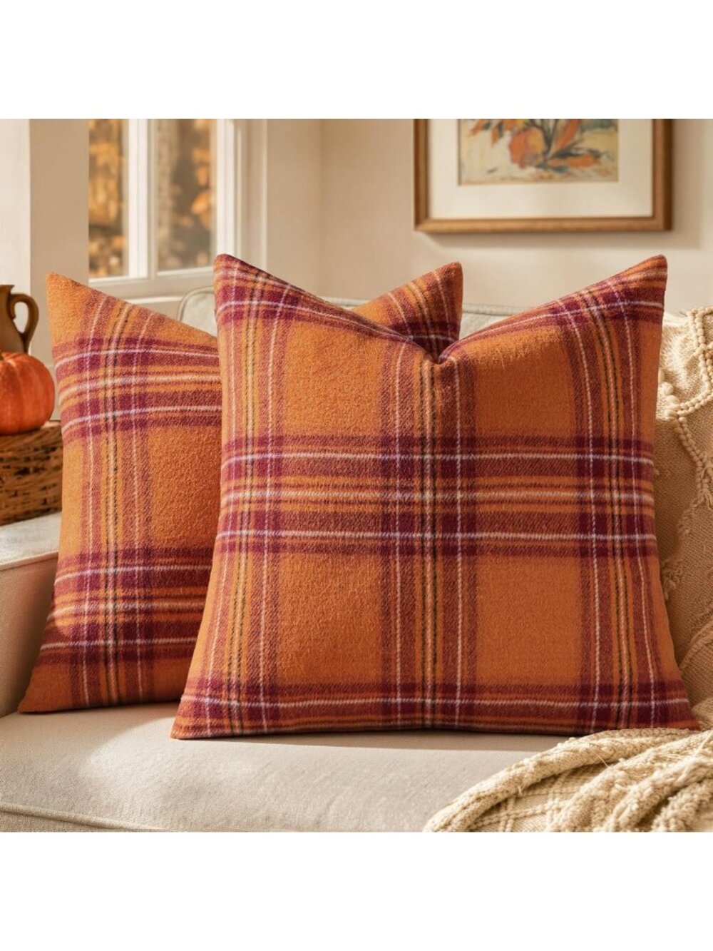 Cozy Fall Plaid Decorative Pillow Covers Set of 2 - 22x22 Rustic Home Decor